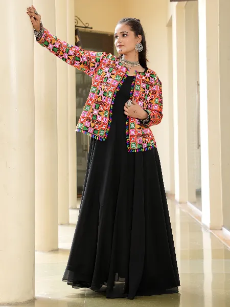Black Georgette Dress With Mirror Work Jacket Navratri Festival Outfit for  Women