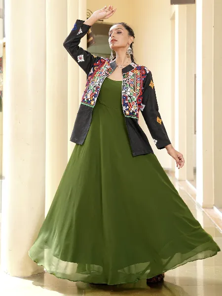 slim fit dress slacks Festival Green Polka Paithani Women Gown Dress – mahezon