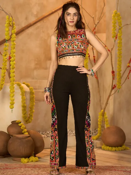 Mirror Work Embroidered Crop Top Pants Set Ribbed Cotton Co-Ord