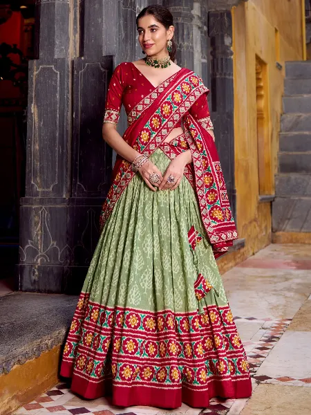 Designer Ikkat Print Lehenga With Blouse and Dupatta in Tasar Silk