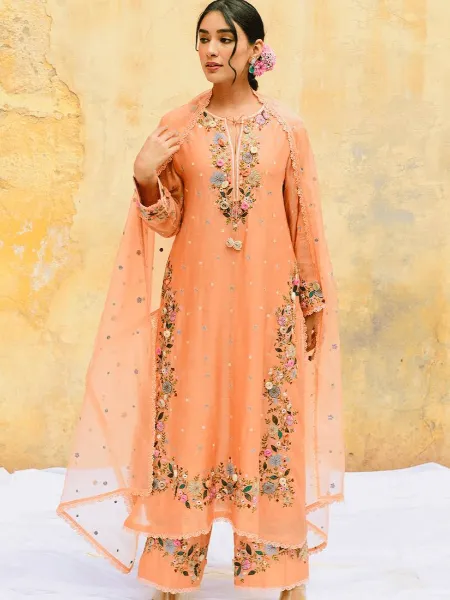 Peach Pakistani Dress With Scarf in Georgette With Rivet Sequence