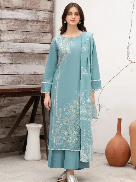 Sky Salwar Kameez in Roman Silk With Embroidery Pakistani Dress