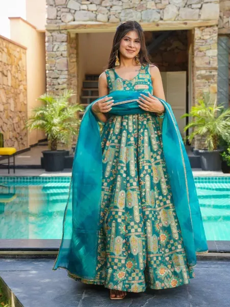 Teal Color Anarkali Gown in Jimmy Organza With Beautiful Multi