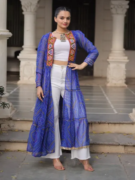 Royal Blue Shrug for Navratri in Georgette With Bandhani and Kutchi Gamthi  Work