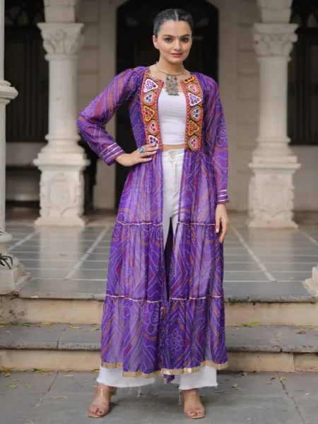 Purple Shrug for Navratri in Georgette With Bandhani and Kutchi