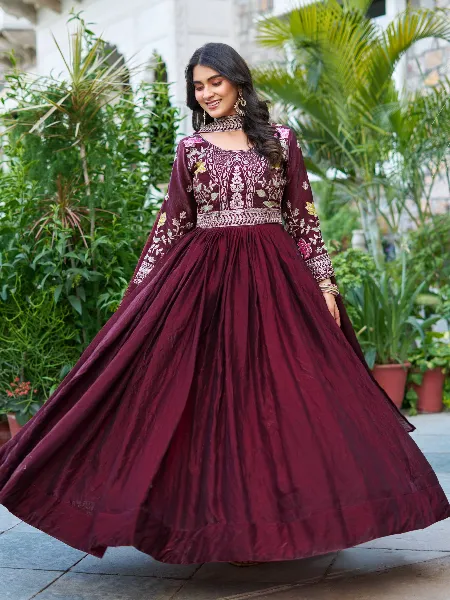 Wine Fendi Silk Gown With Cording Sequence Embroidery for Party