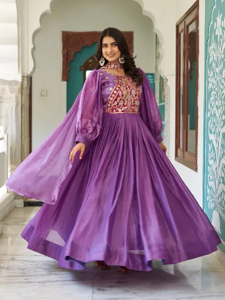 green emerald velvet dress Lavender Embroidered Silk Fabric For Dresses - By the Yard main image 1