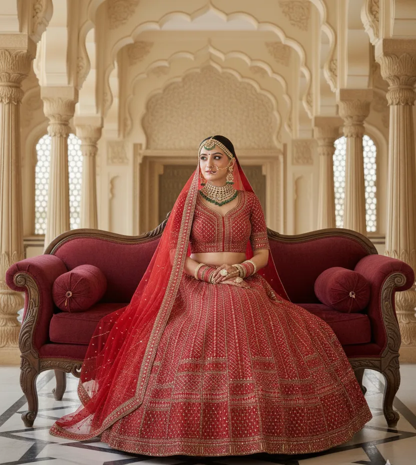 slim fit dress slacks Bridal Red & Gold Wedding Lehenga Set [product_title] | OORVI DESAI main image 1