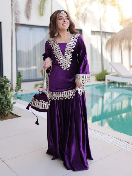 open lace back dress 40s Purple Velvet Puff Sleeve Gown | M main image 1