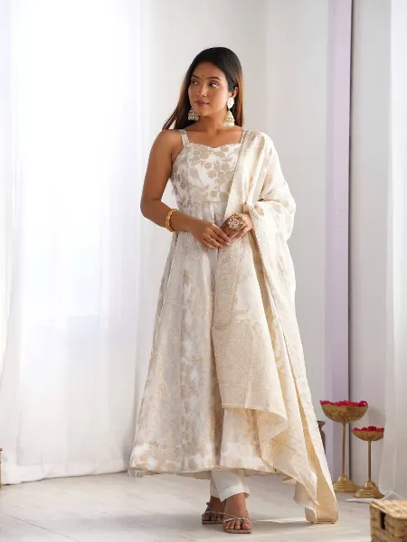 slim fit dress slacks White GOLDEN EMBROIDERED Anarkali main image 1